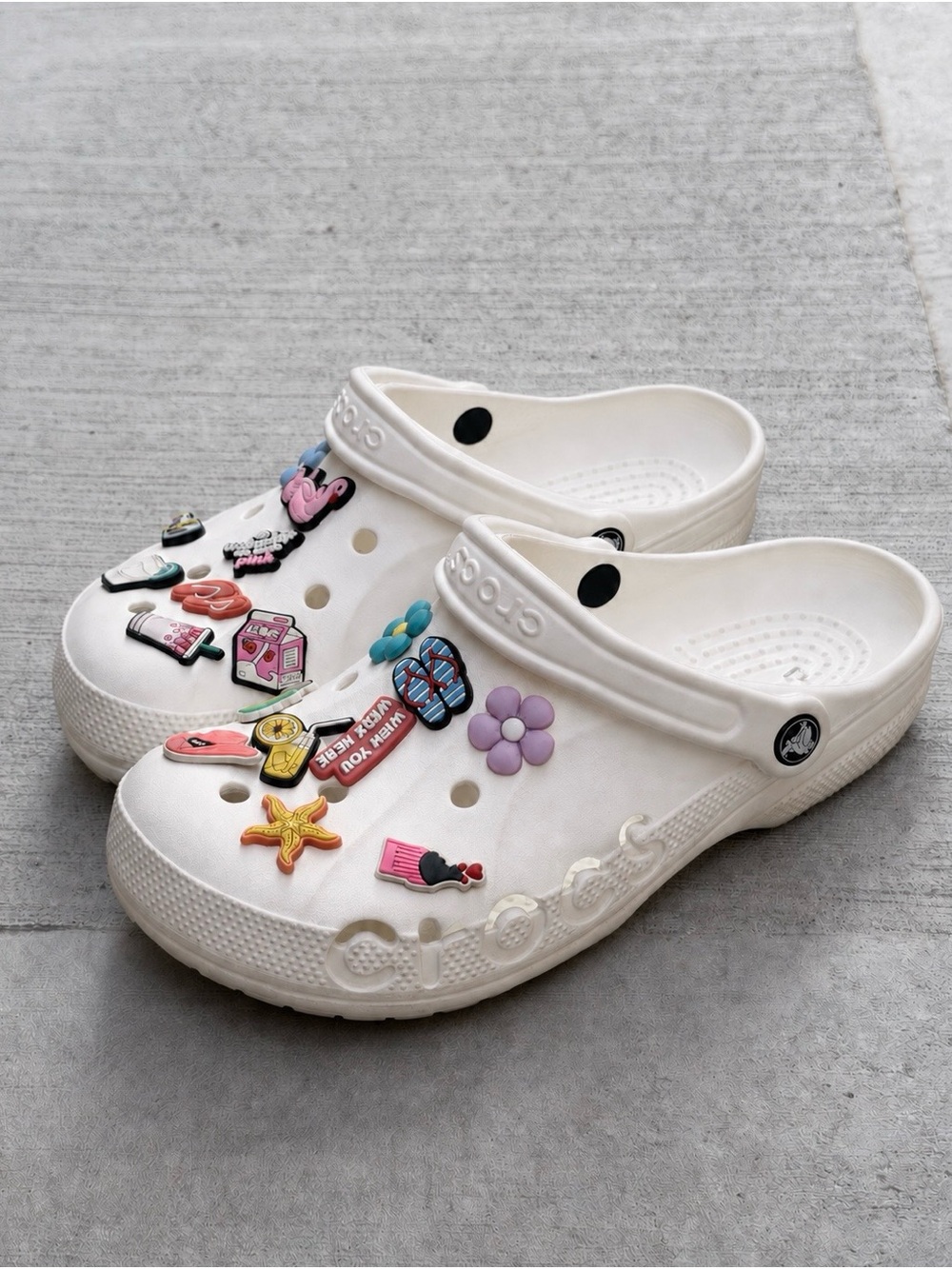 CROCS White Kids Clogs with Colorful Charm Accents